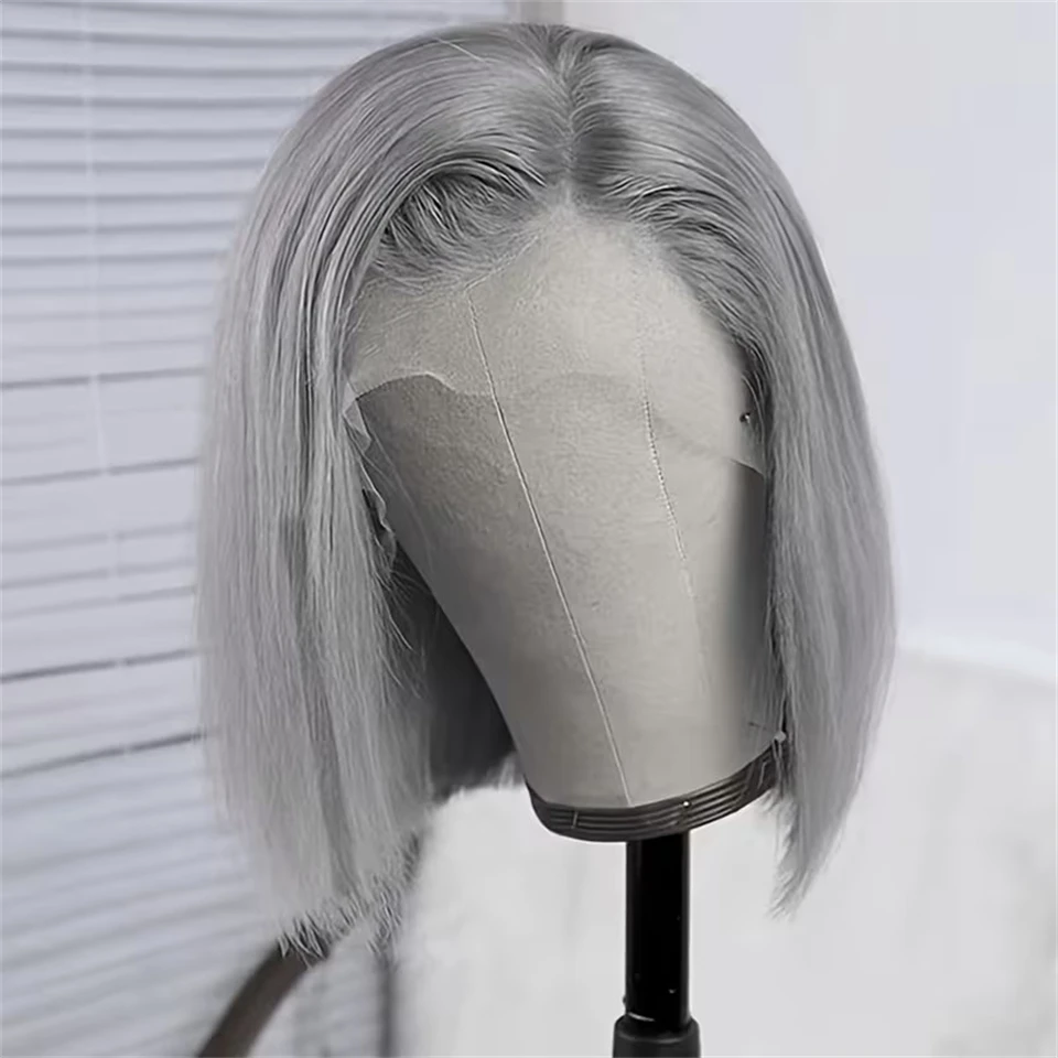 Short Bob Cut Straight Wigs Silver Grey Color Lace Front Wigs Brazilian Human Hair 13x4 Full Frontal Bob Wigs For Wholesale