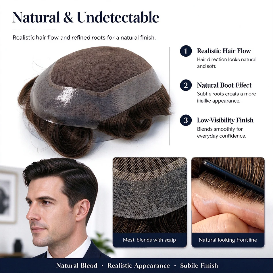 Male Hair Prosthesis 0.1mm Injection Skin Toupee Man Wigs For Men Breathable Australia Swiss Lace and PU Base 100% Human Hair