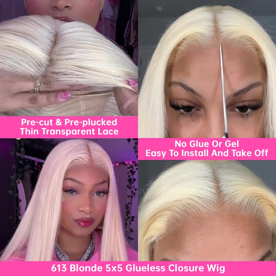 613 360 Invisible Drawstring Lace Frontal Wig Ponytail Pre Plucked Straight 13x4 13x6 Lace Front Human Hair Wig Glueless 5x5 Closure Wig Brazilian Honey Blonde Colored Human Hair Wig 250 Density Adjustable Invisi Strap Wigs