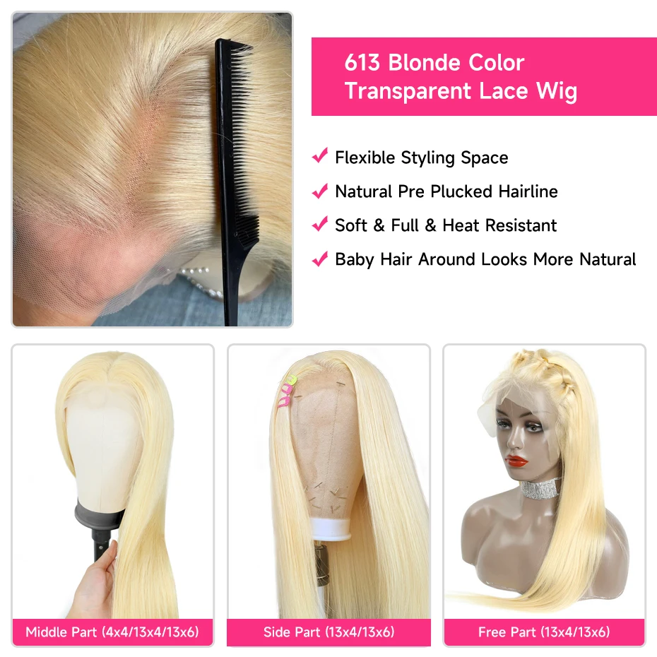 613 360 Invisible Drawstring Lace Frontal Wig Ponytail Pre Plucked Straight 13x4 13x6 Lace Front Human Hair Wig Glueless 5x5 Closure Wig Brazilian Honey Blonde Colored Human Hair Wig 250 Density Adjustable Invisi Strap Wigs