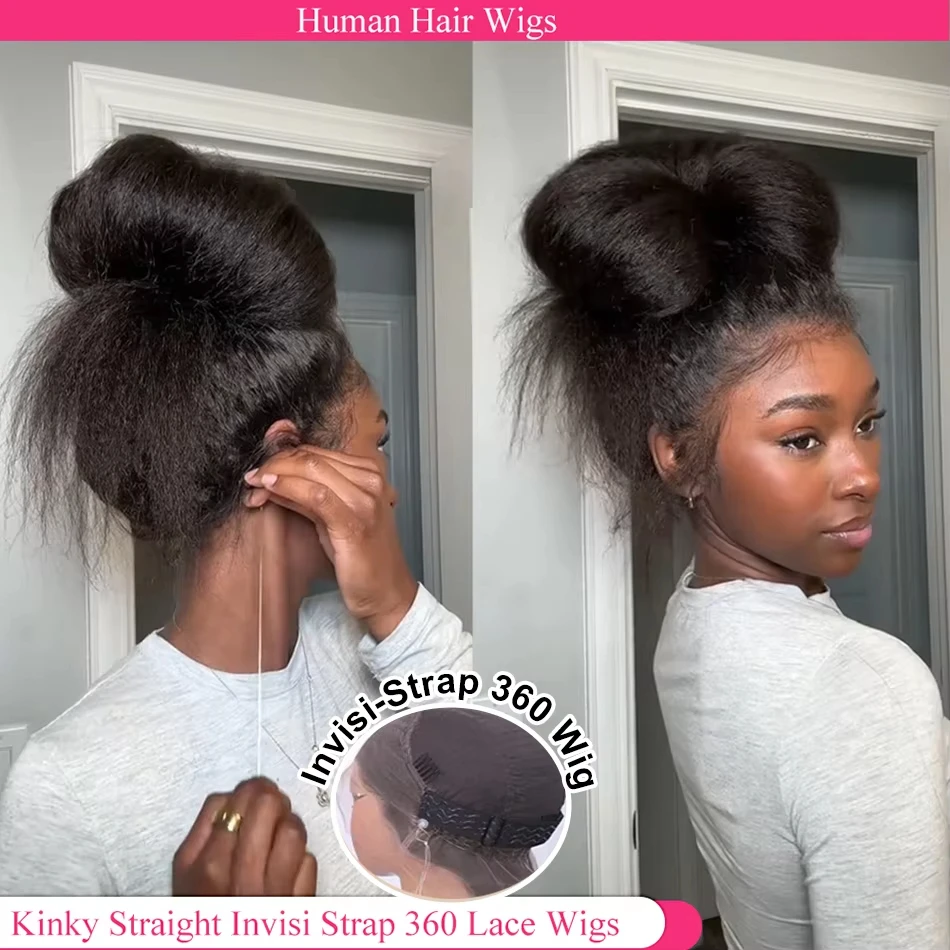 40 Inch Kinky Straight Human Hair Wigs 360 Lace Front Wig Invisible Strap HD Pre Plucked Brazilian Hair 360 Full Lace Wig For Women