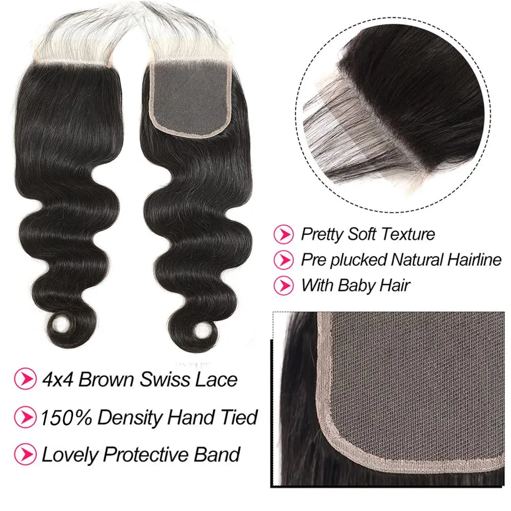 Body Wave Human Hair Bundles With 4X4 Swiss Lace Closure Brazilian Raw Hair Extensions Bundles 100% Human Hair 2-5 Days Delivery