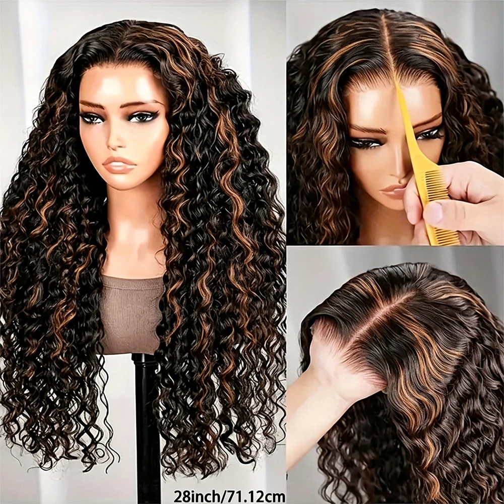 P1B/30 Highlight Honey Brown Curly Lace Front Human Hair Wigs 30 Inch 5x5 Ombre Colored Deep Wave Glueless Lace Frontal Wigs For Women 