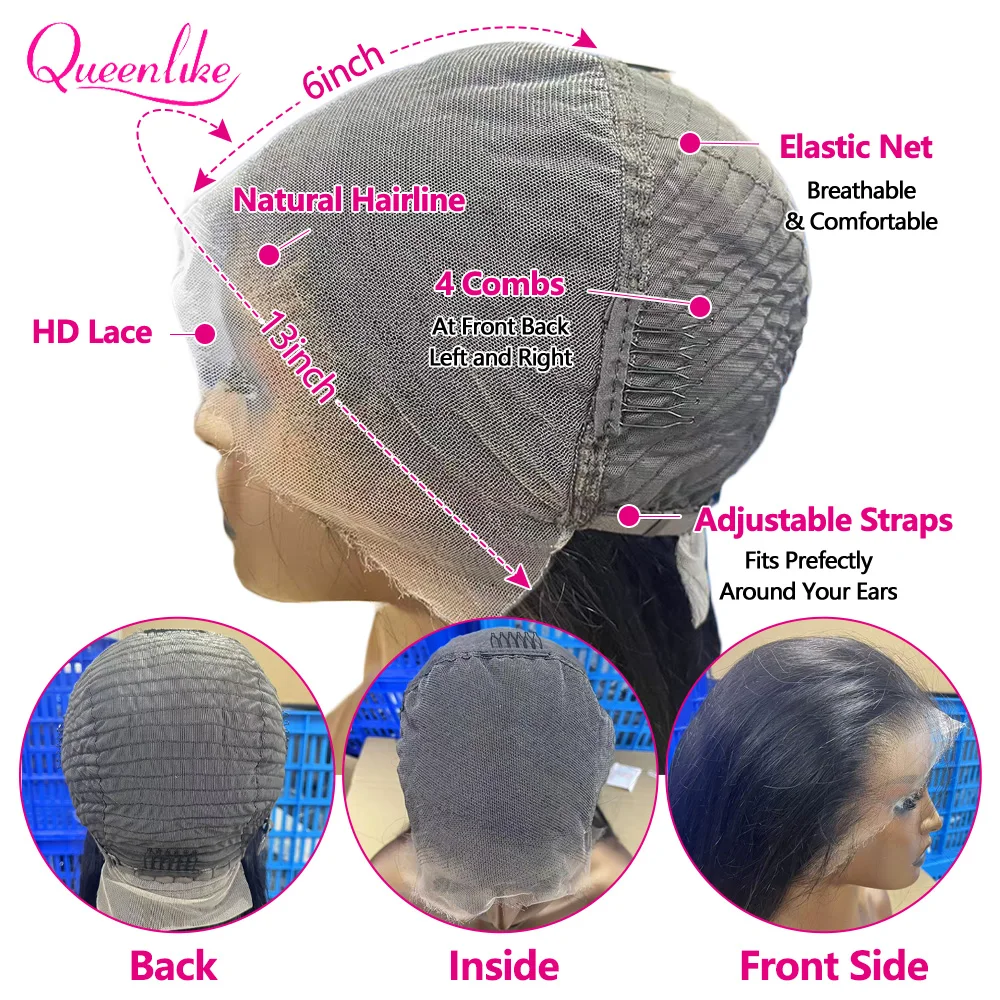 Queenlike 26 Inch 13x6 HD Lace Frontal Human Hair Wigs Straight Remy Hair Frontal Wigs Human Hair Natural Black For Women