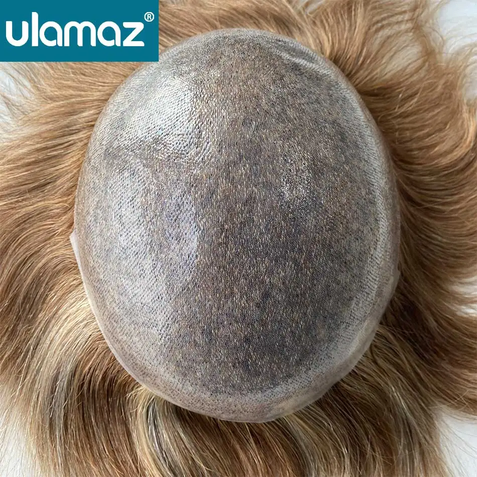 Highlight Blond Hair 0.08mm Skin Male Hair Prosthesis Knot PU Toupee Hair Men Colored Hair System Men's Wig Human Hair Male Wigs