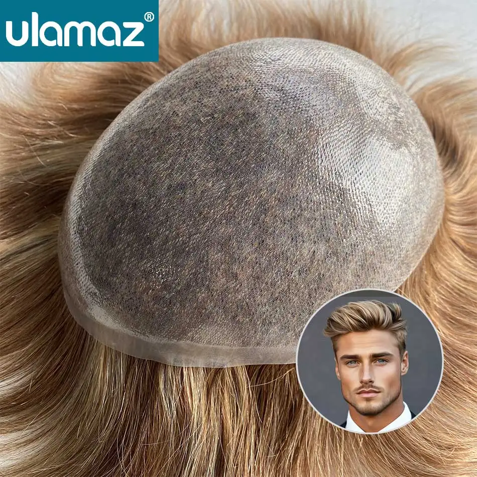 Highlight Blond Hair 0.08mm Skin Male Hair Prosthesis Knot PU Toupee Hair Men Colored Hair System Men's Wig Human Hair Male Wigs