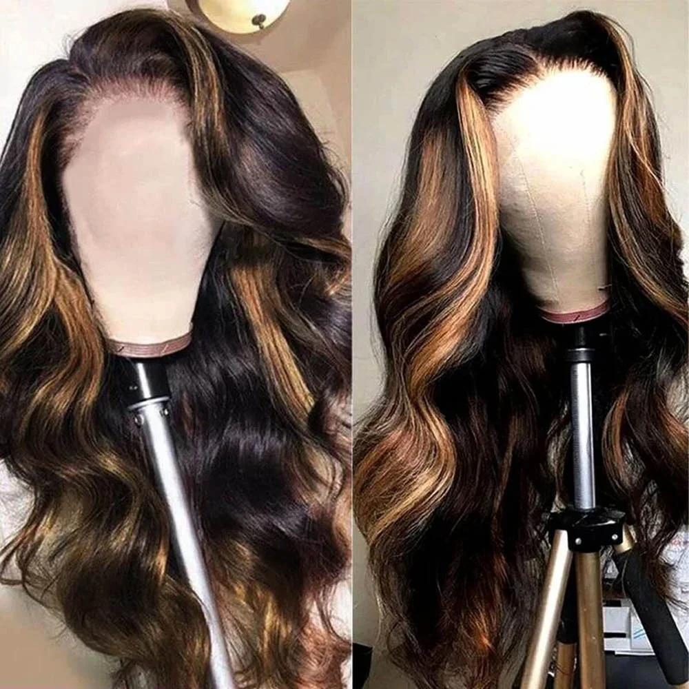 1B/30 Highlight Lace Front Wig Real Human Hair HD Transparent Lace Pre Plucked Natural Hairline Body Wave Virgin Remy Bleached Knots Glueless Design 16-38 Inch Ombre Colored Wig For Black Women Daily & Party Styling