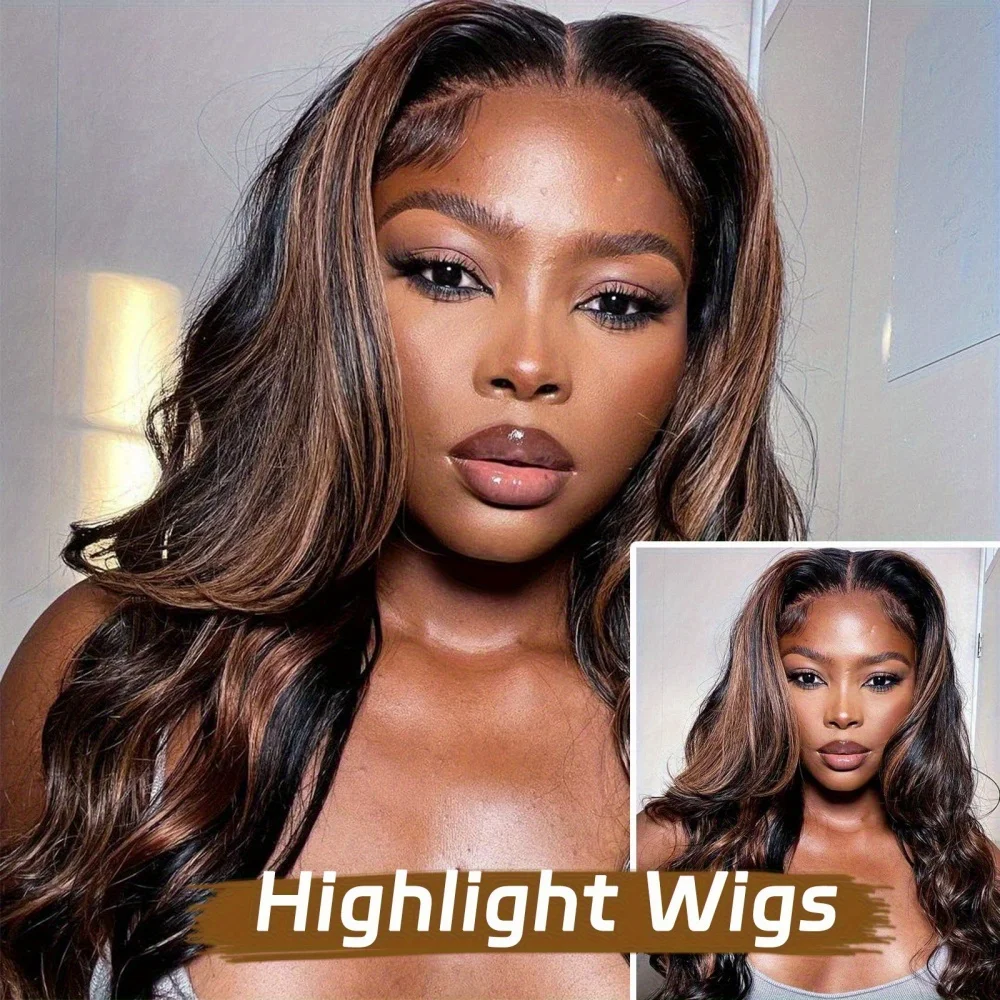 1B/30 Highlight Lace Front Wig Real Human Hair HD Transparent Lace Pre Plucked Natural Hairline Body Wave Virgin Remy Bleached Knots Glueless Design 16-38 Inch Ombre Colored Wig For Black Women Daily & Party Styling