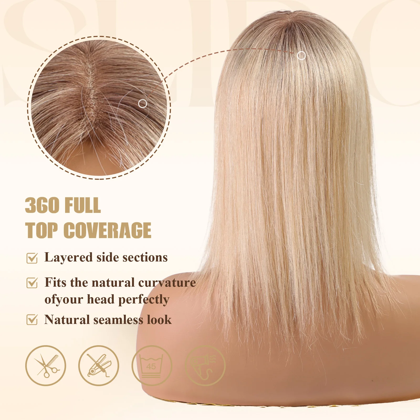 14 Inch Blonde to Brown Ombre 100% Human Hair Toppers with Dark Root Middle Part Lace Base Clip In Hairpiece Remy Extensions
