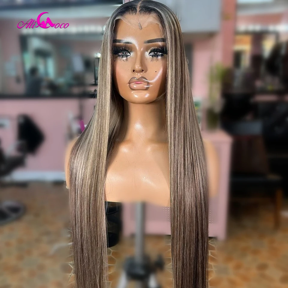 Highlight 4/27 With Dark Root Straight Lace Front Human Hair Wig Drawstring Wig 180% 13x6 For Women Brazilian Hair Long Hair
