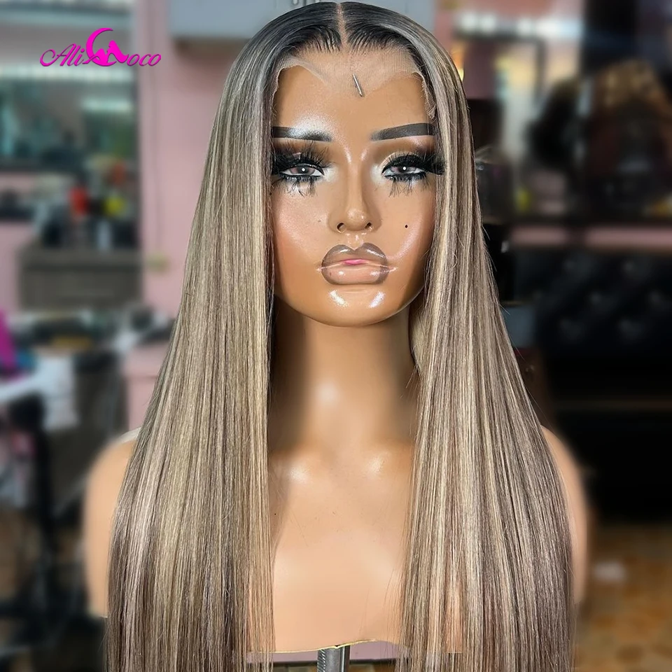 Highlight 4/27 With Dark Root Straight Lace Front Human Hair Wig Drawstring Wig 180% 13x6 For Women Brazilian Hair Long Hair