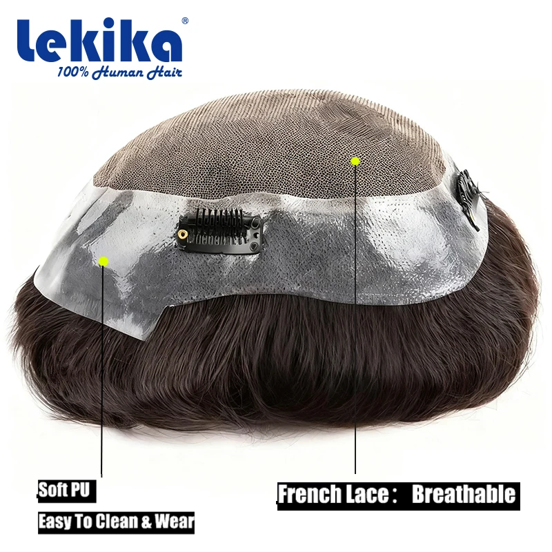 With Clips-Australia Toupee 0.08mm Soft PU Human Hair Wigs French Lace Hair System Remy Human Hair 6'' Wigs For Men