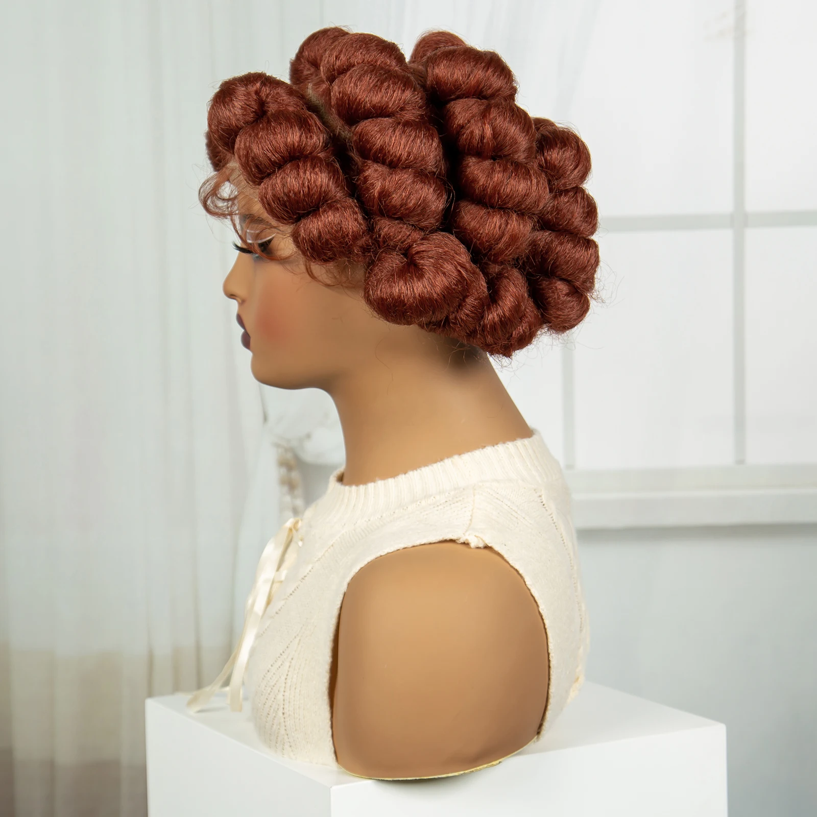 Bantu Braided Wigs Synthetic Transparent Full Lace Braided Lace Wigs Ginger Orange Color Short Cute Handmade Knotless Braids Wig
