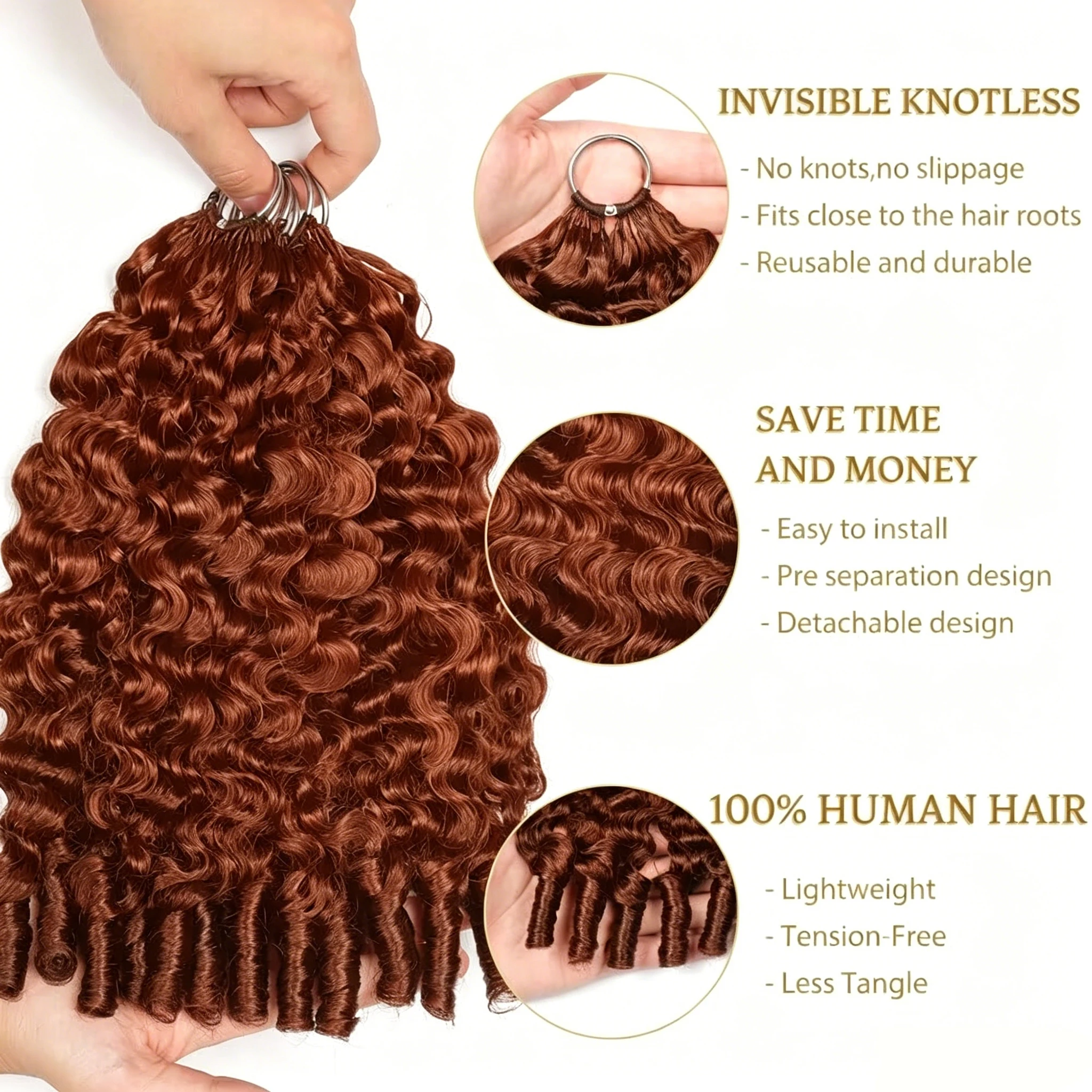 Bling Hair #33 Reddish Brown Color Burmese Curly Feather Crochet Human Hair Extensions 50g Pre-Separated Invisible Miracle Knots Feather Crochet Human Hair Extensions For Women