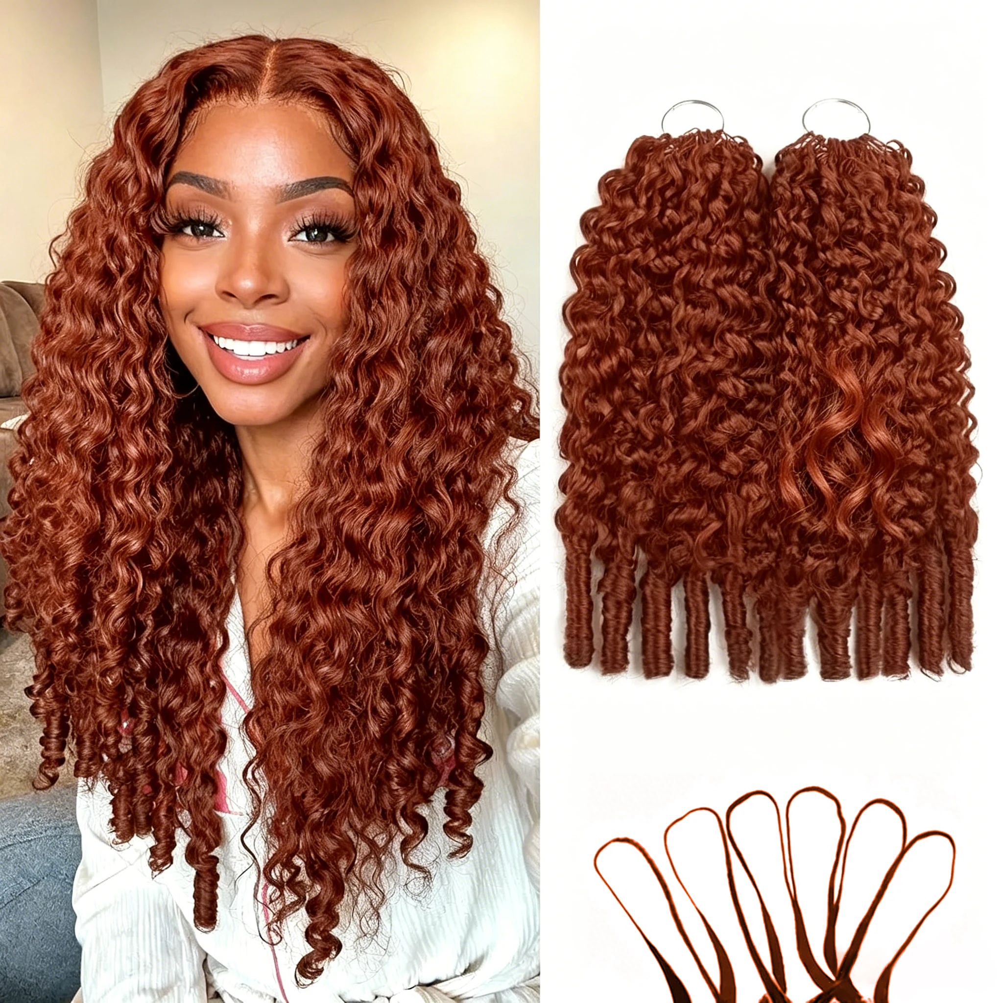 Bling Hair #33 Reddish Brown Color Burmese Curly Feather Crochet Human Hair Extensions 50g Pre-Separated Invisible Miracle Knots Feather Crochet Human Hair Extensions For Women