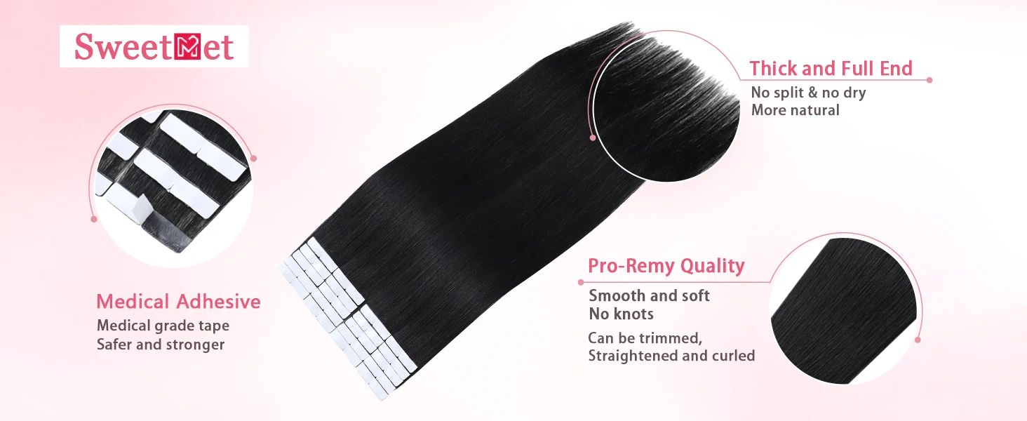 Sweetmet Invisible Tape in Hair Extensions Real Human Hair 3rd-Generation Pro3.0#1 Jet Black Color 20pcs 30g-50g 14inch-22inch Seamless Injected Hand-Tied Remy Quality Invisi Edge Tape in Extensions(#1)