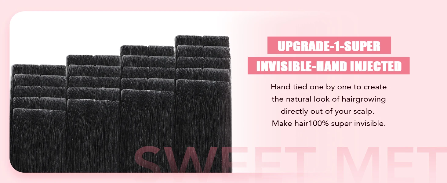 Sweetmet Invisible Tape in Hair Extensions Real Human Hair 3rd-Generation Pro3.0#1 Jet Black Color 20pcs 30g-50g 14inch-22inch Seamless Injected Hand-Tied Remy Quality Invisi Edge Tape in Extensions(#1)