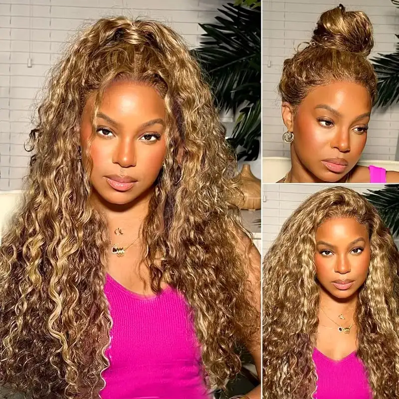 P427 Honey Blonde 360 Full Lace Wig Highlight Curly Human Hair Pre-Plucked Deep Wave Water Wave 360 Invisible Strap Lace Frontal Wig 34 Inch