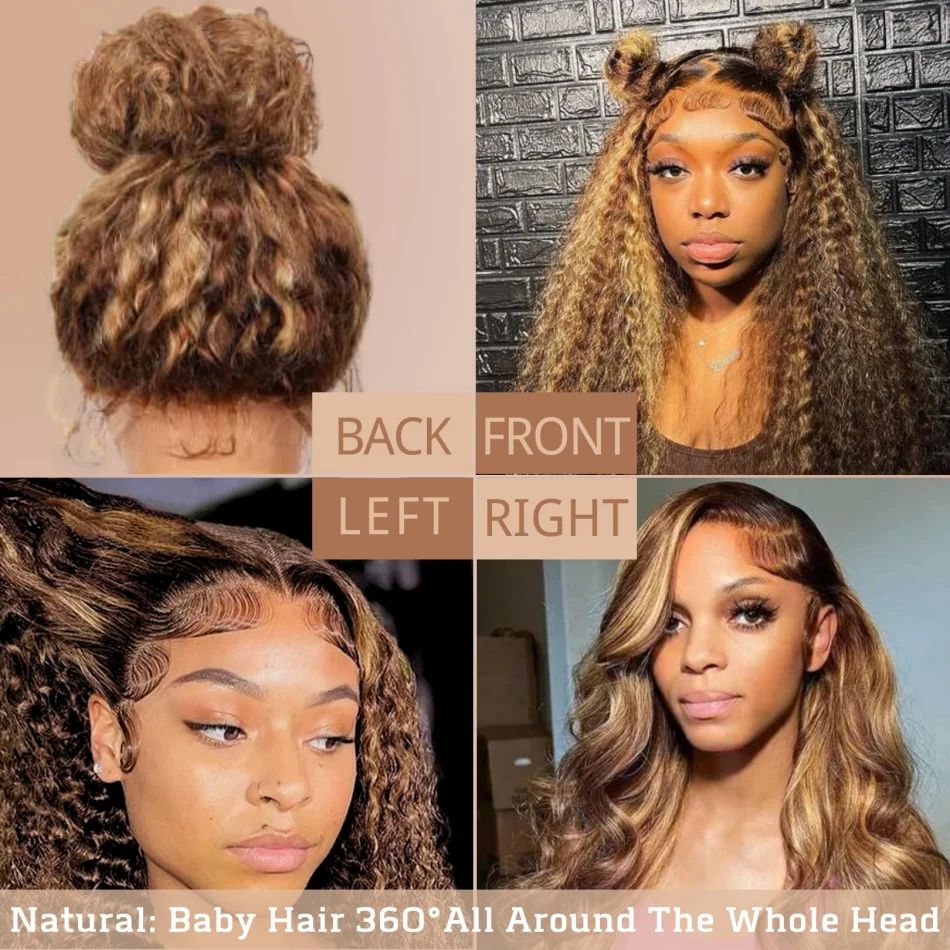 P427 Honey Blonde 360 Full Lace Wig Highlight Curly Human Hair Pre-Plucked Deep Wave Water Wave 360 Invisible Strap Lace Frontal Wig 34 Inch