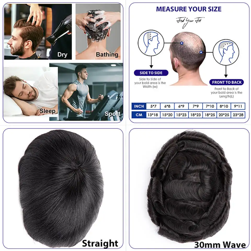 Australia Toupee With Clips Male Hair Prosthesis French Lace & Pu Base Clip-On Men's Wigs Replacement Natural Human Hair Systems
