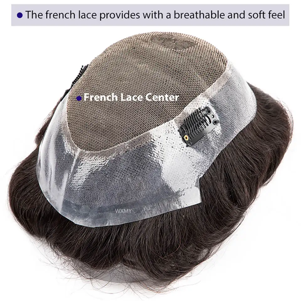 Australia Toupee With Clips Male Hair Prosthesis French Lace & Pu Base Clip-On Men's Wigs Replacement Natural Human Hair Systems