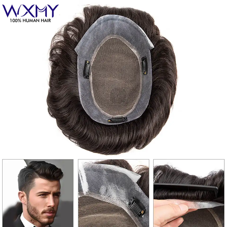 Australia Toupee With Clips Male Hair Prosthesis French Lace & Pu Base Clip-On Men's Wigs Replacement Natural Human Hair Systems
