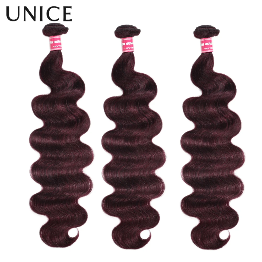 UNICE Hair Black Cherry Body Wave Human Hair 2/3/4 Bundles With 4x4 Lace Closure