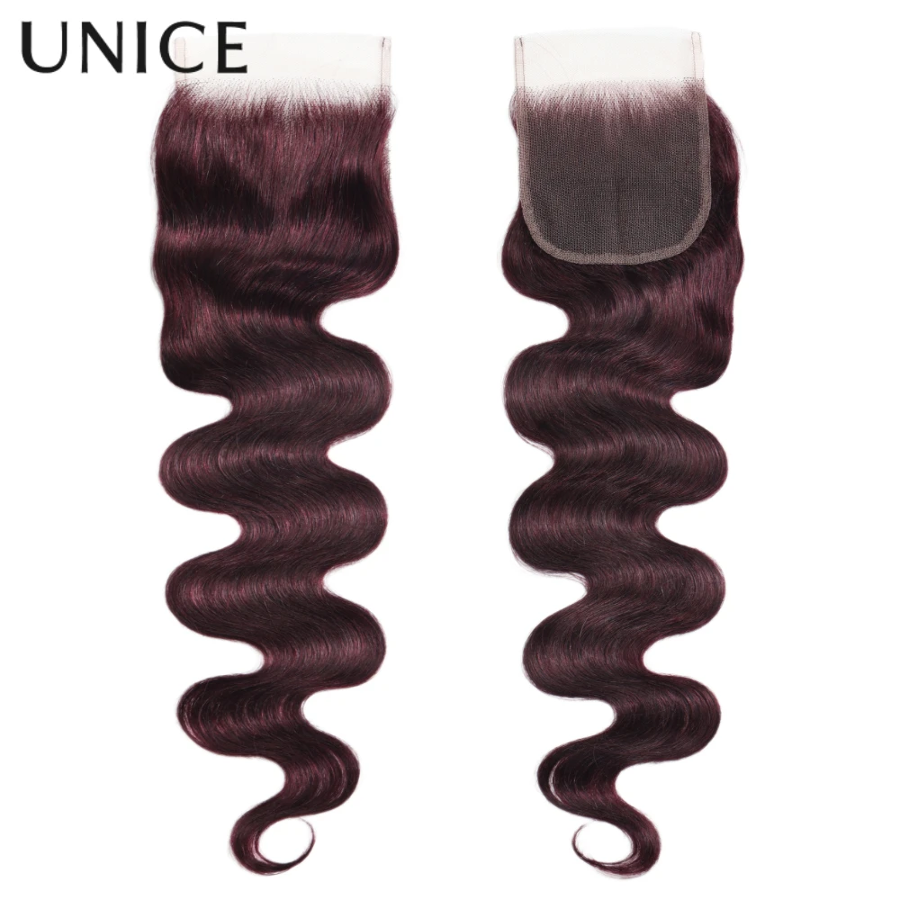UNICE Hair Black Cherry Body Wave Human Hair 2/3/4 Bundles With 4x4 Lace Closure