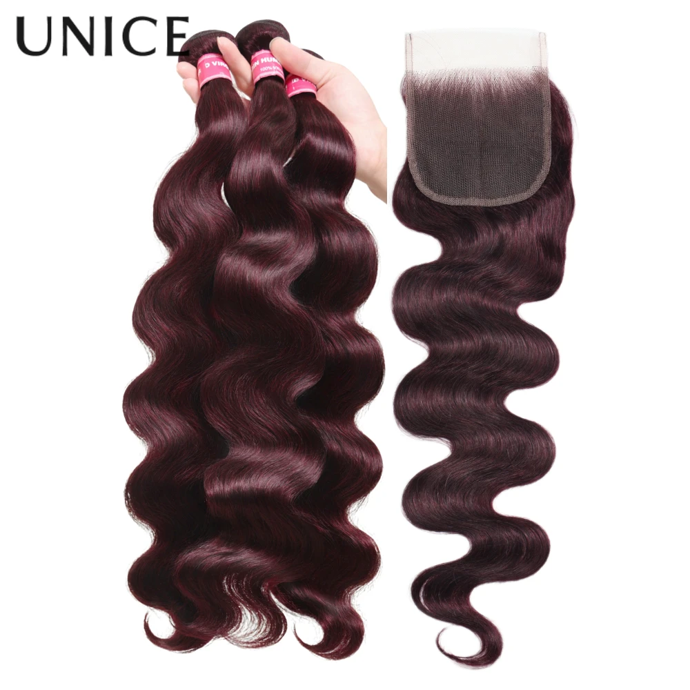 UNICE Hair Black Cherry Body Wave Human Hair 2/3/4 Bundles With 4x4 Lace Closure