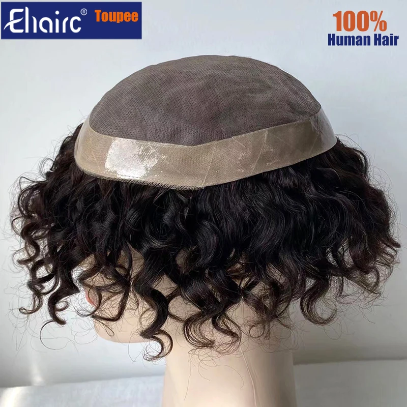 Curly Brown Color Men's Wig Male Hair Prosthesis Mono Hair Wigs For Men Durable Men's Wigs 100% Human Hair Prosthesis for Men