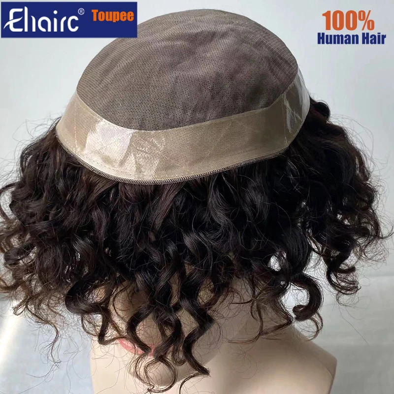 Curly Brown Color Men's Wig Male Hair Prosthesis Mono Hair Wigs For Men Durable Men's Wigs 100% Human Hair Prosthesis for Men
