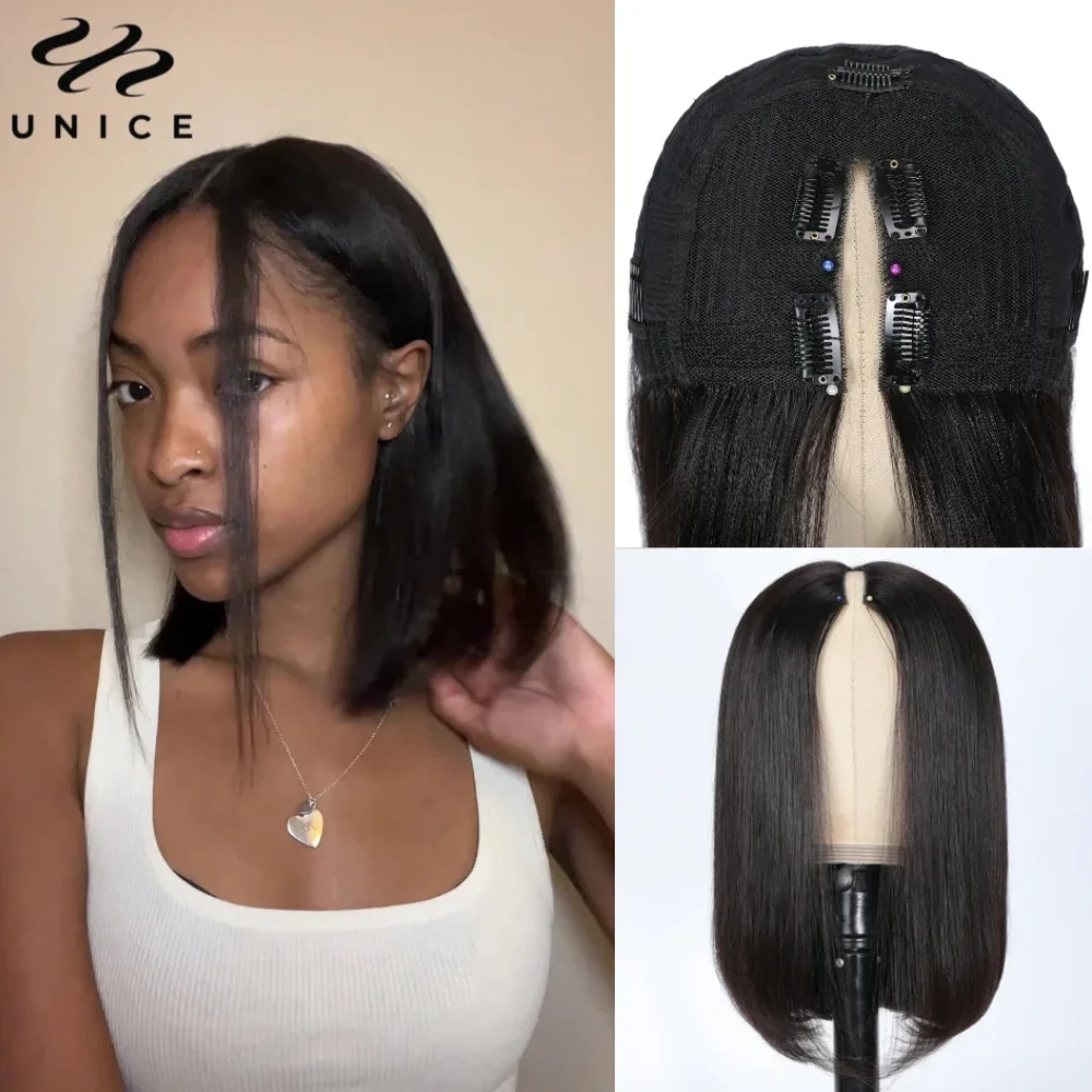 UNice Straight Bob V Part Wig Human Hair Lace V-Shaped Glueless Wig No or Minimal Leave Out 150% Density