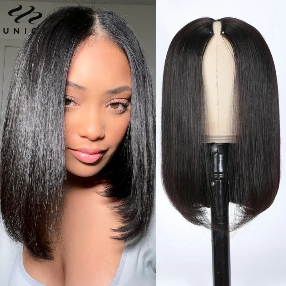 UNice Straight Bob V Part Wig Human Hair Lace V-Shaped Glueless Wig No or Minimal Leave Out 150% Density