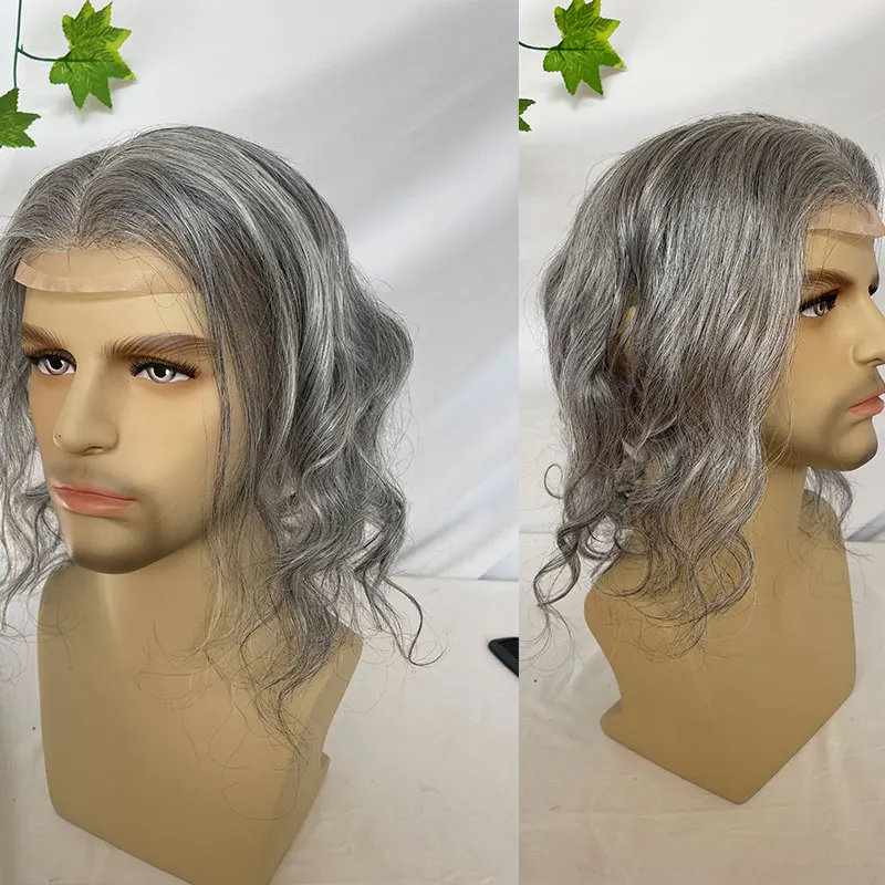Human Hair Toupee for Men Mono Lace with Npu Around Lace Systems 10x8Inch Long Hair 12Inch 1B Mixed 80% Synthetic Grey Hair