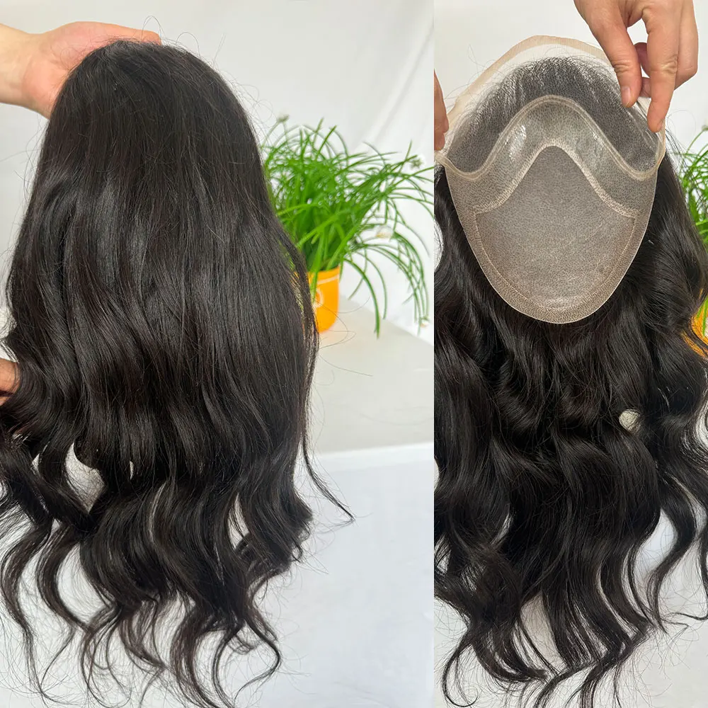 Human Hair Toupee for Men Mono Lace with Npu Around Lace Systems 10x8Inch Long Hair 12Inch 1B Mixed 80% Synthetic Grey Hair