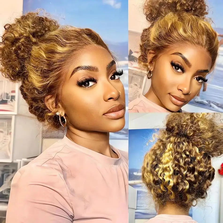 200 Density Invisible Strap Highlight Curly 360 Full Hd Lace Front Wig Honey Blonde Deep Wave Frontal Glueless Wig Human Hair