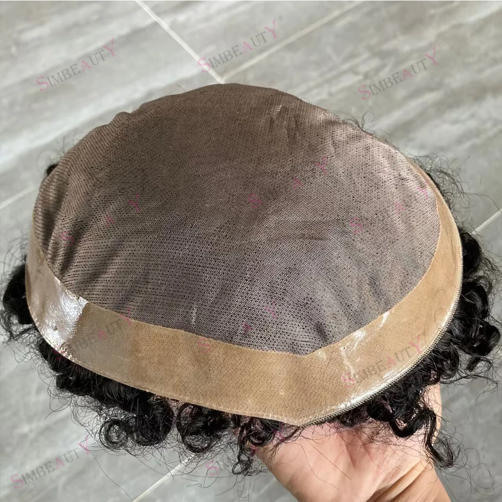 8mm Afro Toupee Man Weave Unit Black Mens Kinky Curly 100% Human Hair African American Toupees for Men Mono Lace with PU Around