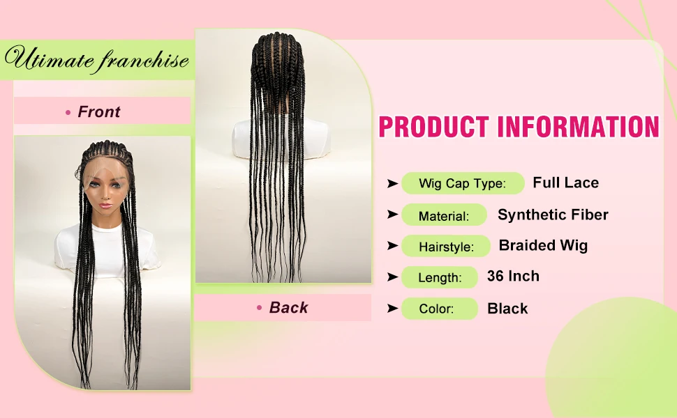 36in Full Lace Transparent Braided Wig Synthetic Fulani Cornrow Braided Wigs With Baby Hair for Black Women Daily Wear And Style