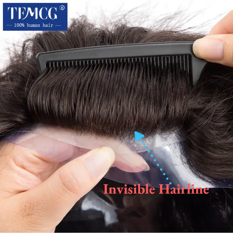 8" Injection European Virgin Hair System Men Wig 0.06-0.08mm Thin Skin Male Hair Prosthesis Hairline Invisible Men's Hair Piece