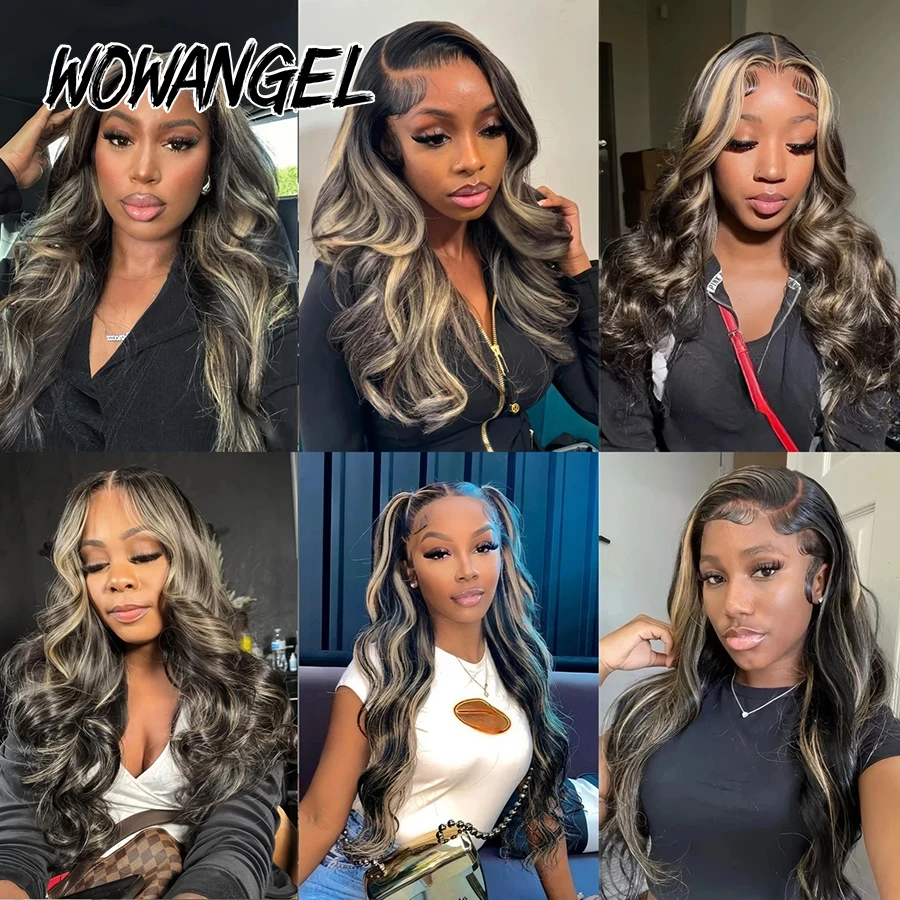 WOWANGEL 1B/27 Highlight Body Wave Wig Glueless 5x5 HD Lace Closure Wig 100% Human Hair Pre Plucked Natural Hairline Blonde Wig