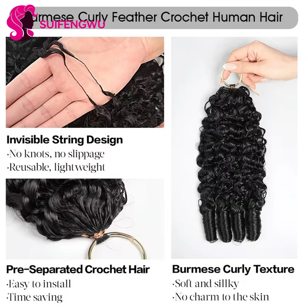60g Burmese Curly Human Hair Extensions, Crochet Human Hair, Bohemian Pre-Curled Braids, Feathered Crochet Hair with Miracle Knots, Spiral Curly Hair for Braids, Deep Wave Crochet Human Hair.