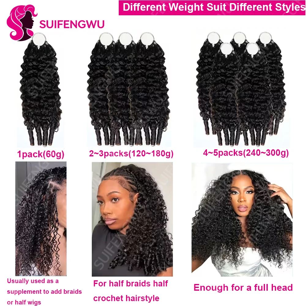 60g Burmese Curly Human Hair Extensions, Crochet Human Hair, Bohemian Pre-Curled Braids, Feathered Crochet Hair with Miracle Knots, Spiral Curly Hair for Braids, Deep Wave Crochet Human Hair.