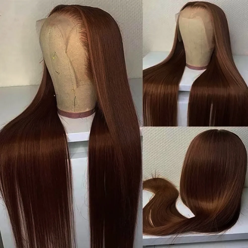 Chocolate Brown Silky Straight Brazilian Virgin Human Hair Wig 13x6 HD Transparent Lace Frontal 6Inch Deep Part Pre Plucked Baby Hair Glueless Wear Go Natural Looking Daily Wig For Black Women