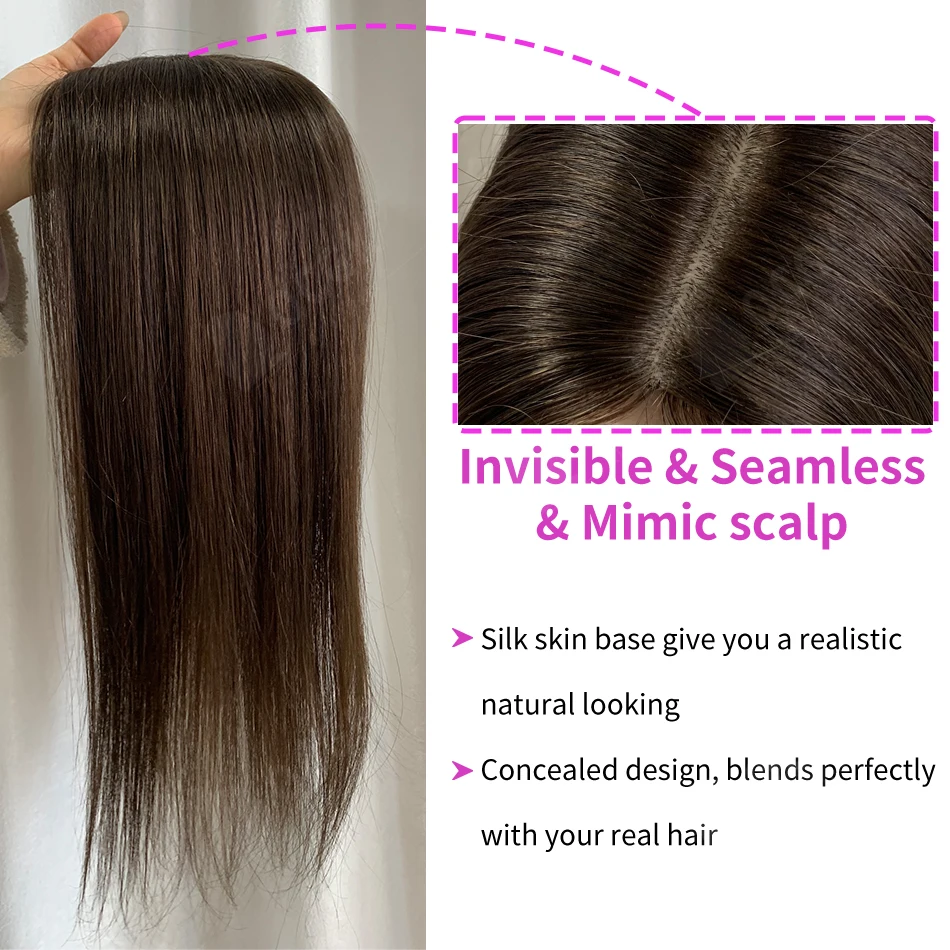 OCGK Human Hair Topper 17" Straight 10x12cm Base Color 2# Clip in Hairpieces for Women with Thinning Hair Add Volume
