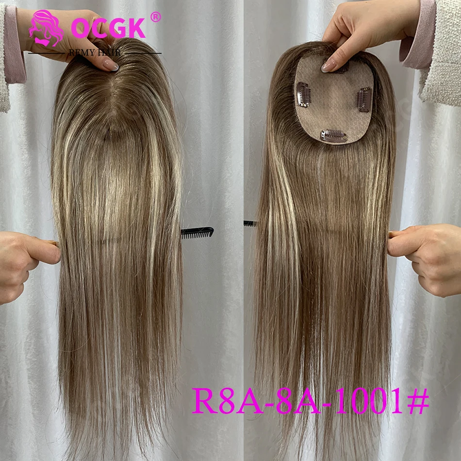 OCGK Human Hair Topper 17" Straight 10x12cm Base Color 2# Clip in Hairpieces for Women with Thinning Hair Add Volume