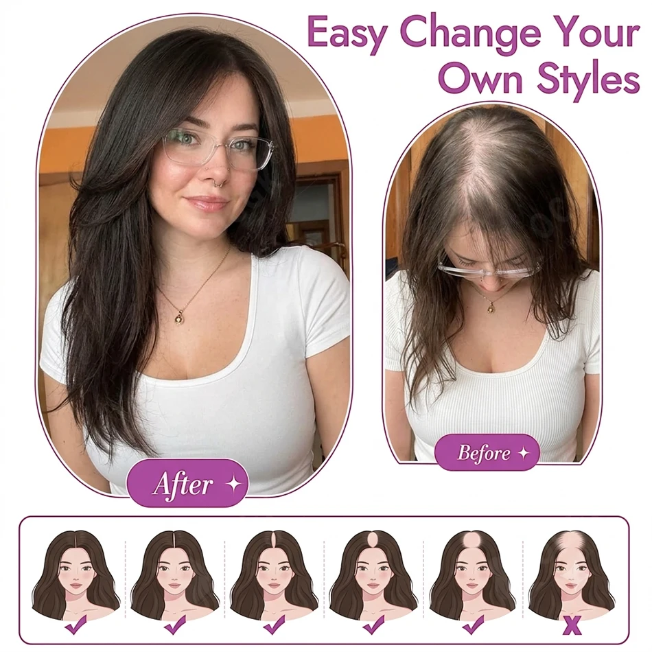 OCGK Human Hair Topper 17" Straight 10x12cm Base Color 2# Clip in Hairpieces for Women with Thinning Hair Add Volume