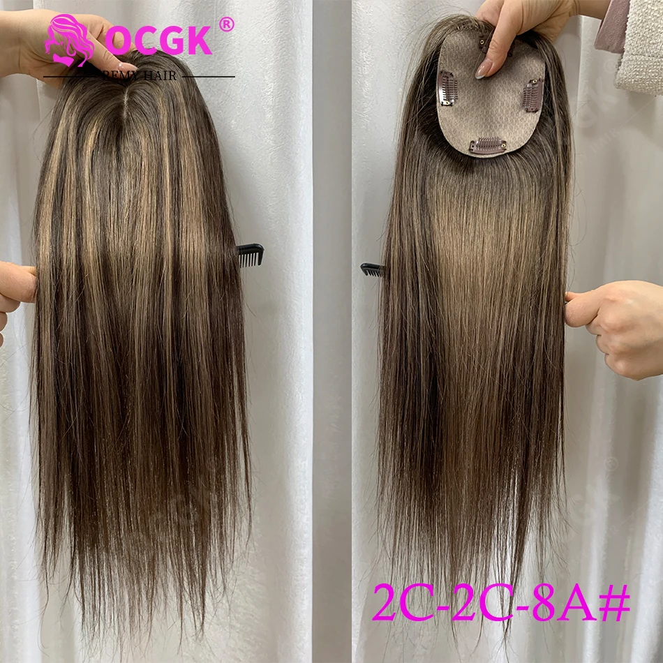 OCGK Human Hair Topper 17" Straight 10x12cm Base Color 2# Clip in Hairpieces for Women with Thinning Hair Add Volume