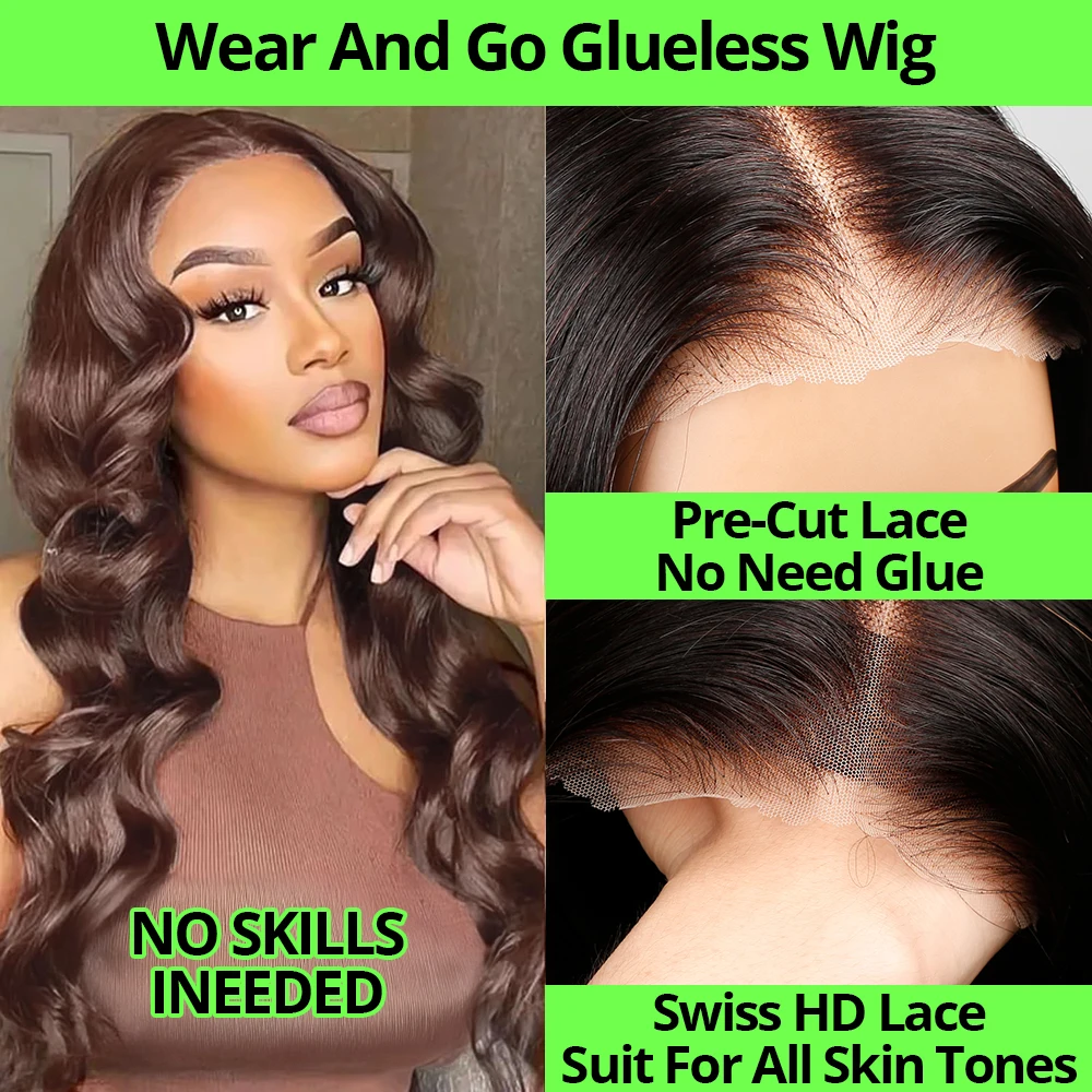 100% Virgin Human Hair Glueless Wigs Human Hair Pre Plucked Pre Cut Body Wave 7x5 HD Lace Frontal Closure Wigs for Black Women Human Hair Drawstring Wear and Go Pre-Bleached Chocolate Brown Color Loose Deep Wave Frontal Wigs Ship From France Warehouse