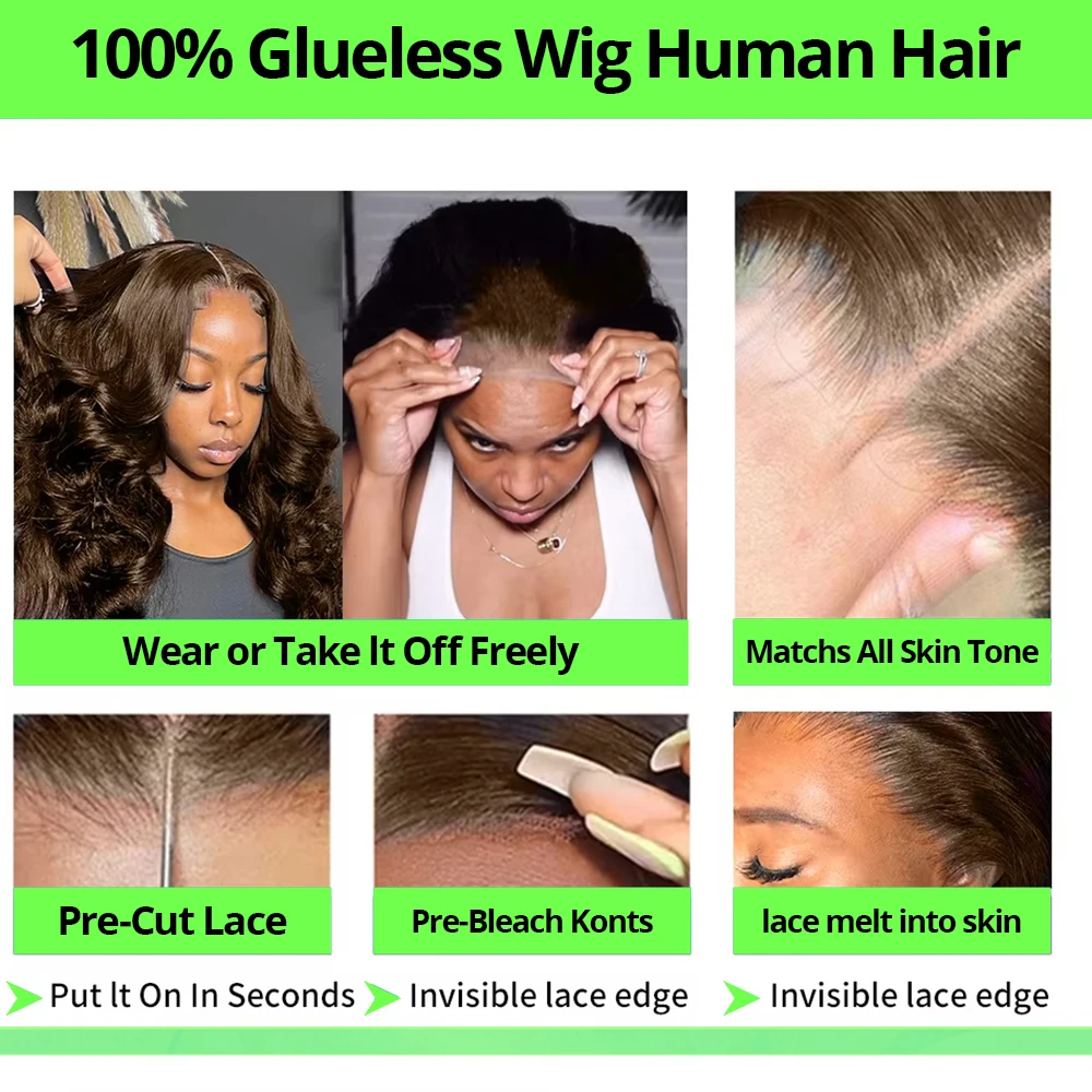 100% Virgin Human Hair Glueless Wigs Human Hair Pre Plucked Pre Cut Body Wave 7x5 HD Lace Frontal Closure Wigs for Black Women Human Hair Drawstring Wear and Go Pre-Bleached Chocolate Brown Color Loose Deep Wave Frontal Wigs Ship From France Warehouse