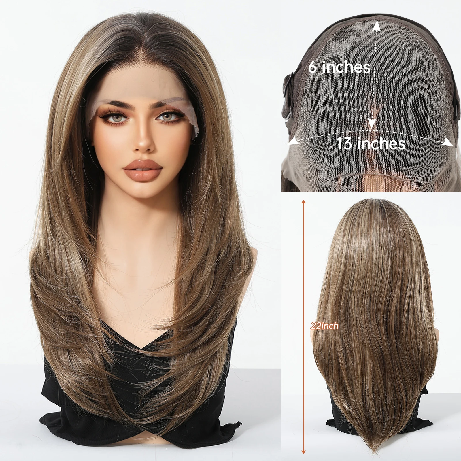 HAIRCUBE Mixed Brown Straight Wigs Dark Roots Natural Hairline 13*6 Transparent Lace Front Synthetic Wig For Women Daily Cosplay